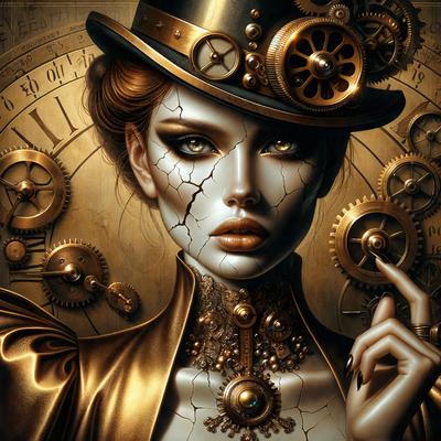 The primary subject of the image is a woman wearing a top hat and a gold dress. She is posing in front of a clock, which serves as the setting or background of the scene. The visual style of the image is digital art, as it is a detailed and intricate illustration of the woman. The colors and mood of the image are predominantly gold and dark, creating a sense of elegance and sophistication.
